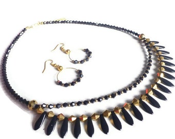 Set jewelry necklace and earrings Black n gold Layered black n gold hoop earrings Egyptian style necklace holiday gift