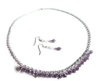 Jewellery set Amethyst necklace Violet silver necklace Purple crystal necklace Purple crystal earrings beaded necklace holiday gift