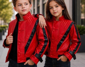 Chaqueta roja de Michael Jackson de Thriller / Chaqueta de cuero roja y negra para niños / Disfraz de cosplay de MJ / Atuendo de estrella del pop de los 80 para niños y niñas