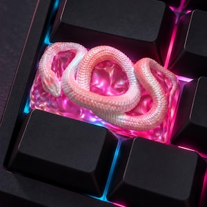Könnte beinhalten: Eine individuelle mechanische Tastenkappe mit einer gewundenen weißen Schlangenfigur auf einer durchscheinenden, texturierten rosa Basis. Die Tastenkappe ist von schwarzen Tasten auf einer Tastatur mit rosa und blauer LED-Beleuchtung umgeben.