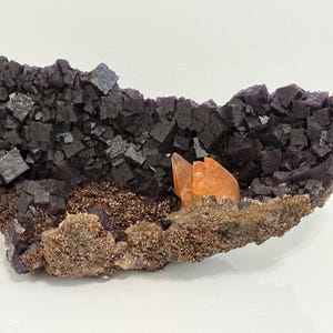 Puede incluir: Un espécimen mineral que presenta un grupo de cristales de fluorita cúbicos de color púrpura intenso. Una formación única de cristal de calcita naranja translúcida se encuentra entre los cristales púrpuras, sobre una base rocosa marrón.