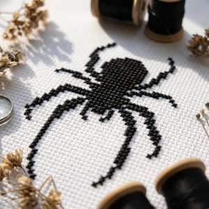 Puede incluir: Un diseño de araña en punto de cruz negro centrado sobre una tela Aida blanca. La araña está bordada con hilo negro, mostrando un cuerpo segmentado detallado y ocho patas. Bobinas de madera con hilo negro y flores secas rodean la tela.