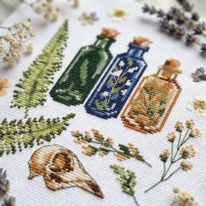 May include: A cross-stitch embroidery on white fabric featuring three glass bottles with cork stoppers, two fern fronds, a bird skull, and various sprigs of dried flowers. The bottles contain botanical elements in green, blue, and orange hues.