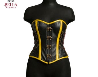 Corsé Steampunk amarillo y negro hecho a mano / Bustier de cuero genuino con detalle de cadena