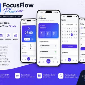 May include: Four smartphones display the FocusFlow Planner app interface with blue and white color schemes. The screens show a Pomodoro timer, user dashboard, calendar view, and settings menu. Text includes Plan Your Day, Achieve Your Goals.