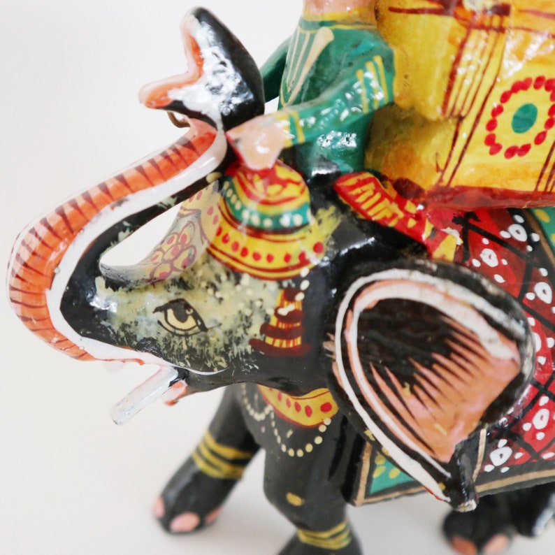 Vintage Indian Ornate Handpainted Elephant Figurine With Rider