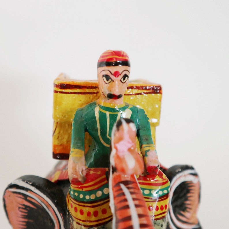 Vintage Indian Ornate Handpainted Elephant Figurine With Rider