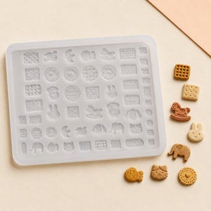May include: A rectangular, translucent silicone mold featuring a grid of various small, embossed shapes including animals, geometric patterns, and cookies. Beside the mold are several baked, light brown cookie pieces matching the mold's designs.