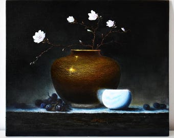 Golden Stillness – Original Oil Painting Still Life, Dark Background, Tenebrism, Wall Art 25x30cm