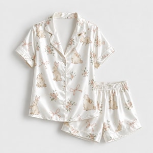 Cute Watercolor Bunny And Pink Rose Floral White Satin Button Down Pajama Lounge Set