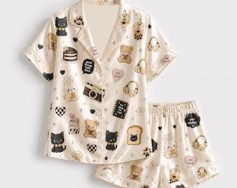 Cute Kawaii Animal Boba Tea Graphic Print Cream Satin Lounge Pajama Set