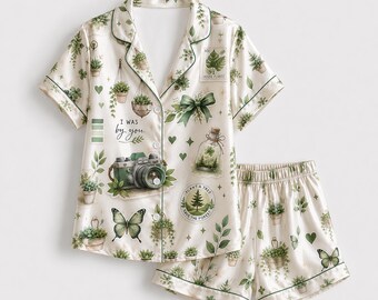 Botanical Greenhouse Vintage Camera Print Cream Satin Sleepwear Set