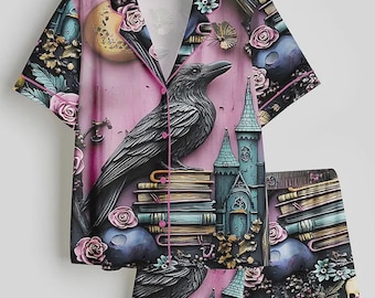 Women’s & Kid Gothic Purple Bookshelf Satin Pajama Set, Dark Academia Witch Skull Floral Book Lover Short Sleeve Sleepwear