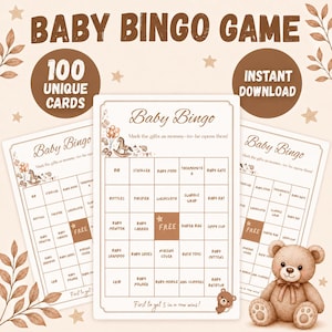 May include: A Baby Bingo game set featuring 100 unique cards with brown text and illustrations on a light background. The cards include a grid with baby-related items like bib, stroller, and pacifier, plus a free space. Includes a teddy bear.