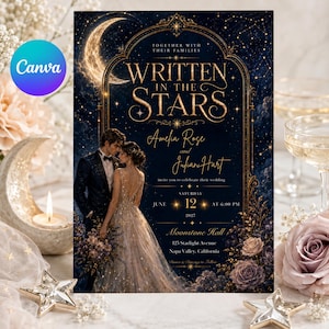 Op de afbeelding: Een trouwuitnodigingskaart met een donkerblauwe sterrenhemel, een gouden halve maan en een versierde boog. De tekst luidt Written in the Stars, Amelia Rose and Julian Hart, June 12, 2027, at 6:00 PM, Moonstone Hall.