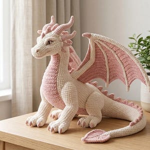 Peut inclure: Une peluche dragon au crochet avec un corps couleur crème et des accents rose pâle sur les ailes, le torse et les épines dorsales. La créature présente des cornes détaillées, une longue queue terminée par une forme de feuille et des yeux sombres.
