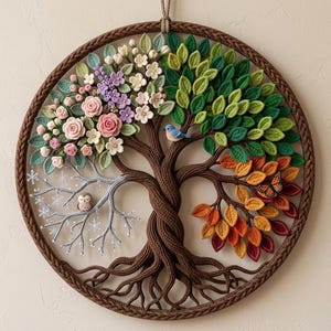May include: A circular wall hanging featuring a four-season tree design crafted with yarn. The tree has a brown trunk and roots, with sections representing spring flowers, summer green leaves, autumn foliage with a butterfly, and winter branches with a small owl.