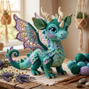 May include: A teal and purple crocheted dragon plush toy featuring intricate lace-like wings with gold accents, cream-colored horns, and large expressive eyes. The creature has a textured scale pattern on its chest and a long, curled tail.