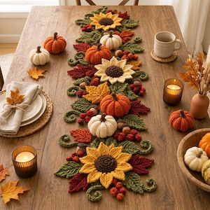 Puede incluir: Un camino de mesa de ganchillo con un arreglo central de girasoles amarillos, calabazas naranjas y blancas, hojas rojas y verdes y pequeñas bellotas marrones, exhibido sobre una mesa de madera con artículos decorativos a juego.