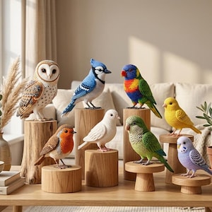 Pode incluir: Uma coleção de oito figuras de pássaros em crochê exibidas em vários pedestais de madeira. Os pássaros incluem uma coruja-das-torres, um gaio-azul, um lori-arco-íris, um canário amarelo, um pisco-de-peito-ruivo, uma pomba branca, um periquito verde e um periquito ondulado.