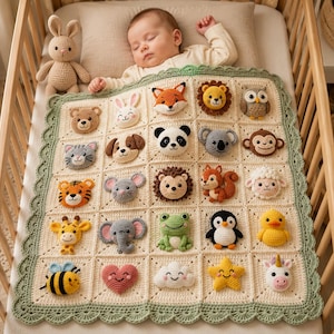 May include: A cream-coloured crochet baby blanket featuring a grid of twenty-five square patches, each adorned with a unique 3D stuffed animal or shape, including a fox, lion, owl, panda, koala, monkey, tiger, mouse, hedgehog, squirrel, sheep, giraffe, elephant, frog, penguin, duck, bee, heart, cloud, star, and unicorn, finished with a scalloped sage green border.