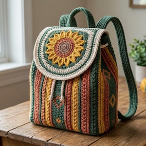 May include: A crochet backpack featuring a large sunflower motif on the flap. The body displays vertical stripes in forest green, mustard yellow, and terracotta, accented with small diamond patterns. It includes a drawstring closure and two straps.