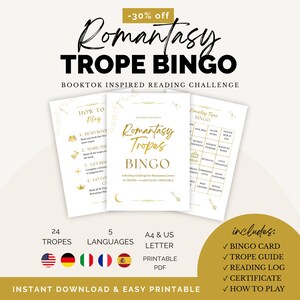 Bingo de tropos románticos / Reto de lectura imprimible / Rastreador de lectura de BookTok / Regalo de romance fantástico / PDF