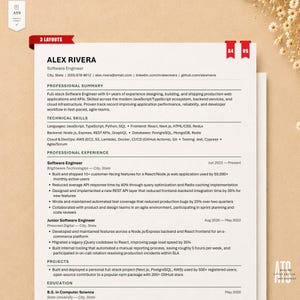 May include: A white resume template for a software engineer named Alex Rivera, featuring sections for professional summary, technical skills, experience, projects, and education. The document includes red tabs labeled 3 LAYOUTS, A4, and US.