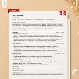 May include: A professional resume template for a data analyst named Priya Nair, featuring sections for professional summary, experience, technical skills, education, and certifications. The document is printed on white paper with black text.