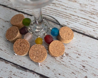 Cork Wine Charms with Recycled Glass Beads in Multi-Colors