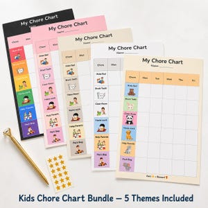 May include: Five My Chore Chart sheets with colourful icons for tasks like making beds and brushing teeth, featuring a grid for weekdays. Includes a gold pen and a sheet of gold star stickers for tracking progress and earning rewards.