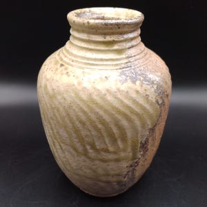 Könnte beinhalten: Eine Keramikvase mit einem texturierten, gerippten Hals und einem bauchigen Körper, der ein gewelltes, geschnitztes Muster aufweist. Die Oberfläche zeigt ein gesprenkeltes Finish in erdigen Tönen von Beige, Hellbraun und gedämpftem Grün.