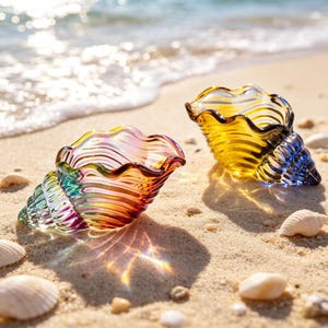 May include: Two decorative glass seashell sculptures with rippled edges. One shell features a vibrant gradient of pink, orange, and green, while the other displays a deep amber and blue colour transition. Both items have a translucent, glossy finish.