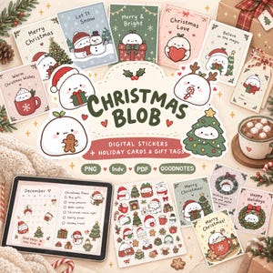 Może przedstawiać: Kolekcja cyfrowych naklejek, kartek świątecznych i etykiet prezentowych Christmas Blob z białymi postaciami w kształcie kleksów w świątecznych scenach, zawierająca pliki PNG, PDF, Goodnotes oraz tablet z kalendarzem.