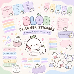 Puede incluir: Un kit de pegatinas digitales para agenda con ilustraciones en tonos pastel de pequeños personajes blancos tipo blob. El conjunto incluye notas adhesivas, listas, pestañas y globos de texto con frases como "note to self" e "important".