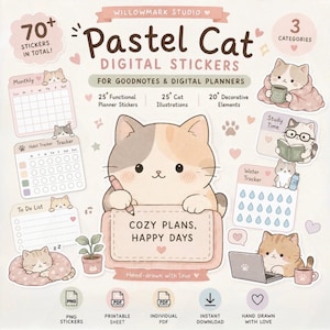 Puede incluir: Un conjunto de pegatinas digitales titulado Willowmark Studio Pastel Cat Digital Stickers para Goodnotes y planificadores digitales. Incluye más de 70 pegatinas, como un calendario mensual, un rastreador de hábitos y dibujos de gatos.