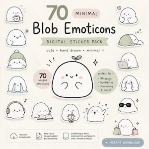 Minimalistiska Blob-emoticonklistermärken, handritat digitalt planeringspaket för GoodNotes PNG PDF