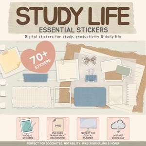 May include: A digital sticker set titled STUDY LIFE ESSENTIAL STICKERS featuring over 70 elements including paper scraps, sticky notes, a binder clip, a bow, and photo frames in muted blue, beige, and cream tones for digital planning.