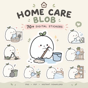 Puede incluir: Una colección de más de 70 pegatinas digitales titulada HOME CARE BLOB que presenta a un personaje blanco y redondo realizando tareas domésticas como lavar ropa, aspirar, fregar, lavar platos, quitar el polvo y regar plantas.