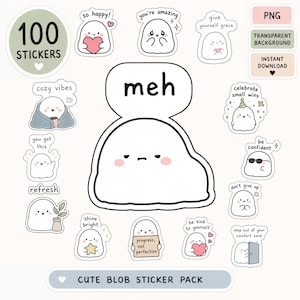 Puede incluir: Una colección de 100 pegatinas digitales con personajes de manchas blancas con varias expresiones y frases que incluyen so happy, you're amazing, give yourself grace, cozy vibes, you got this, refresh, meh, celebrate small wins, be confident, don't give up, shine bright, progress not perfection y be kind to yourself.