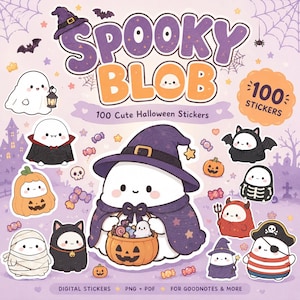 May include: A digital sticker set titled SPOOKY BLOB featuring 100 cute Halloween stickers. The collection includes various white blob characters dressed in costumes like a witch, ghost, mummy, pirate, and devil, alongside pumpkins and candy icons.