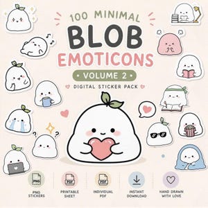 Puede incluir: Un paquete de pegatinas digitales con 100 emoticonos de blob minimalistas y el texto 100 MINIMAL BLOB EMOTICONS VOLUME 2. La colección incluye varios personajes de blob blancos en diferentes poses, como sosteniendo un corazón o leyendo.