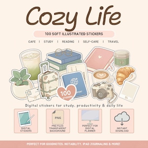 May include: A collection of 100 soft illustrated digital stickers featuring icons of a cafe, study, reading, self-care, and travel. The graphics include a potted plant, iced drink, books, suitcase, passport, notebook, coffee, camera, and croissant.