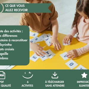 May include: A digital activity set featuring a list of six educational games including differences, story reconstruction, mazes, crosswords, jumbles, and shadows. The set includes high-quality PDF files for unlimited printing and instant download.