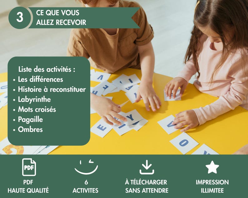 May include: A digital activity set featuring a list of six educational games including differences, story reconstruction, mazes, crosswords, jumbles, and shadows. The set includes high-quality PDF files for unlimited printing and instant download.