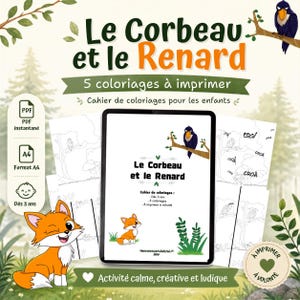 Peut inclure: Une tablette numérique affiche la couverture d'un cahier de coloriage intitulé Le Corbeau et le Renard, illustré d'un corbeau noir sur une branche et d'un renard orange. L'écran présente le texte 5 coloriages à imprimer pour les enfants.
