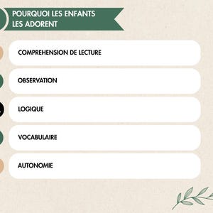 May include: A graphic list titled 2 POURQUOI LES ENFANTS LES ADORENT featuring five white horizontal bars with icons and text: COMPREHENSION DE LECTURE, OBSERVATION, LOGIQUE, VOCABULAIRE, and AUTONOMIE, decorated with green leaf illustrations.