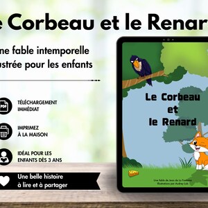 Peut inclure: Une tablette numérique affiche la couverture d'un livre intitulée Le Corbeau et le Renard, montrant un corbeau noir sur une branche et un renard orange dans une forêt verte. L'écran présente aussi un petit morceau de fromage jaune sur l'herbe.