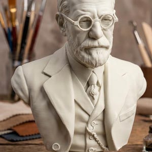 Op de afbeelding: Een wit borstbeeld van een man met een baard, een ronde bril, een overhemd met kraag, een das met een decoratieve speld, een vest met een zichtbare ketting en een colbert. Het beeld heeft een matte afwerking met gedetailleerde gelaatstrekken.