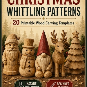 Op de afbeelding: Een digitale poster met de titel CHRISTMAS WHITTLING PATTERNS 20 Printable Wood Carving Templates. Het toont vijf gesneden houten figuren: de Kerstman, een sneeuwpop, een kabouter met een rode muts, een rendier en een boom. Tekst bevat INSTANT DIGITAL DOWNLOAD, BEGINNER FRIENDLY en TRACE TRANSFER CARVE.